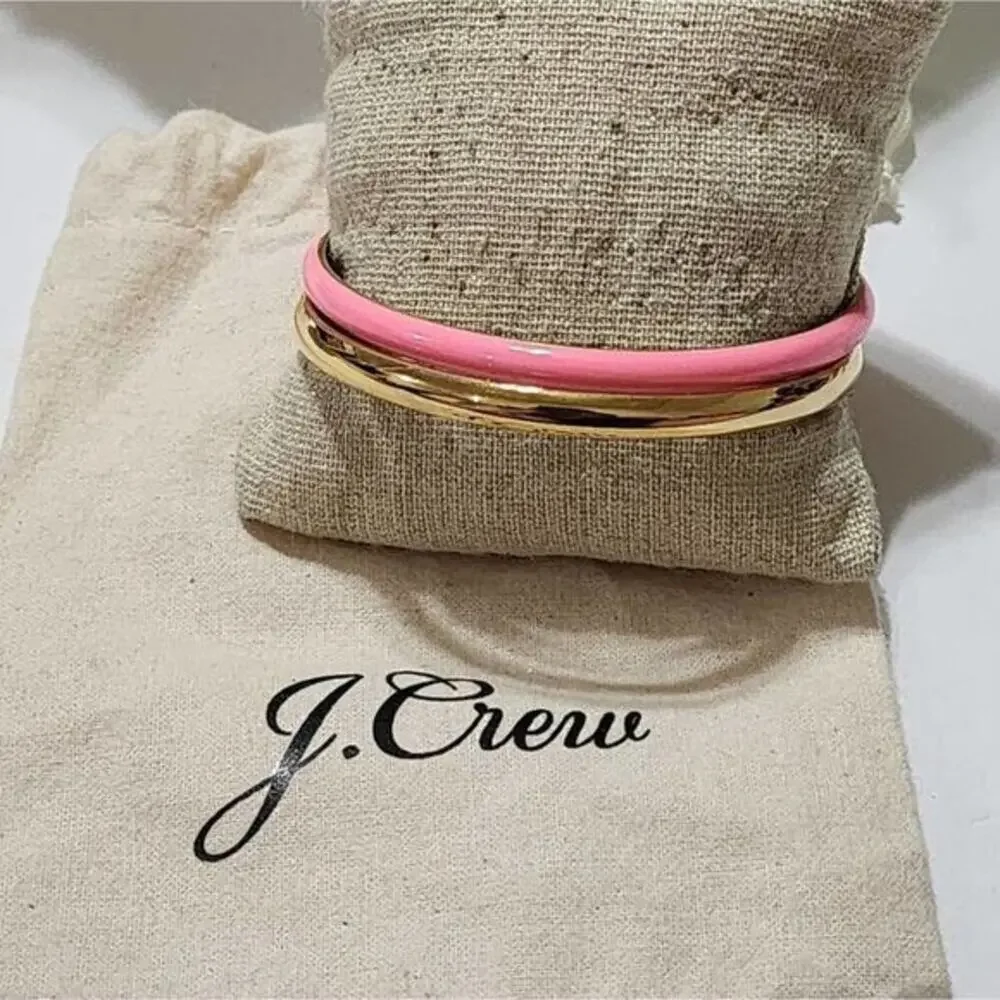 J. Crew Pink Enamel and Gold Tone Stackable Bangle Bracelet Set Stackable‎